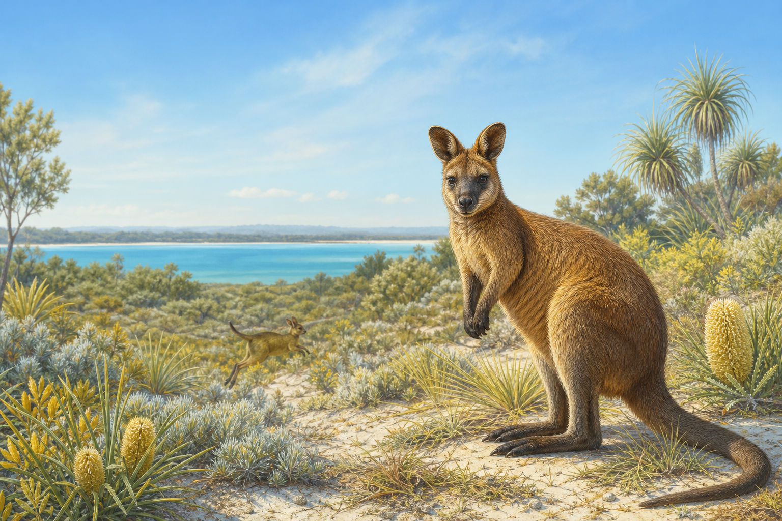 Original illustration of wallabies in South Stradbroke Island coastal habitat